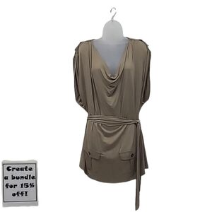 Caché Cowl Neck Blouse Olive Stretchy Top Tie Waist Pockets Drape Sleeve NWT